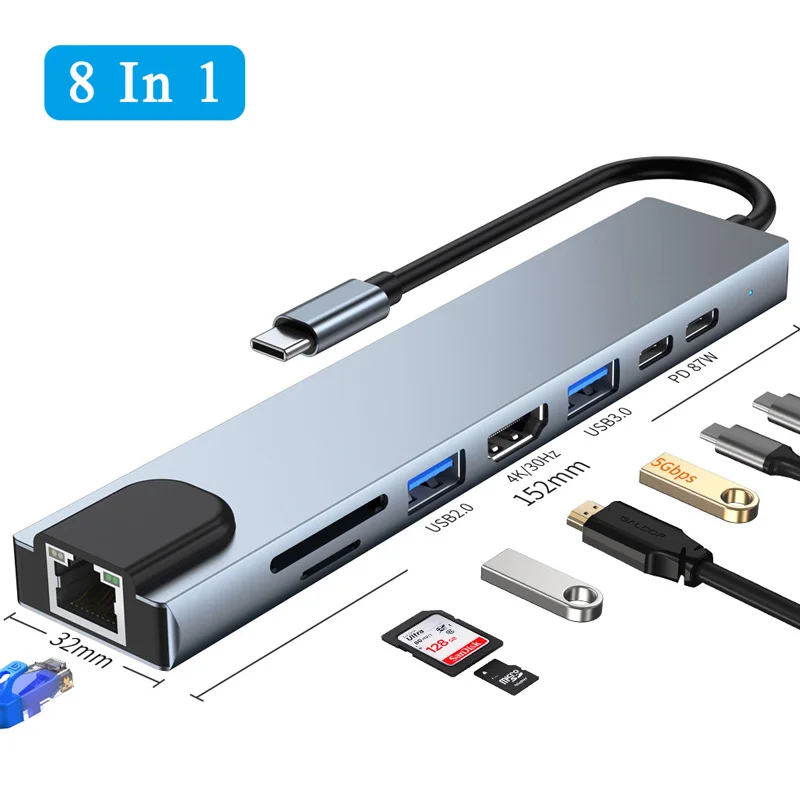 8 В 1 Type C Мултифункционален Хъб За 4K, HDMI Адаптер Бързо Зареждане PD RJ-45 SD TF Четец на карти За Лаптопи Macbook 2