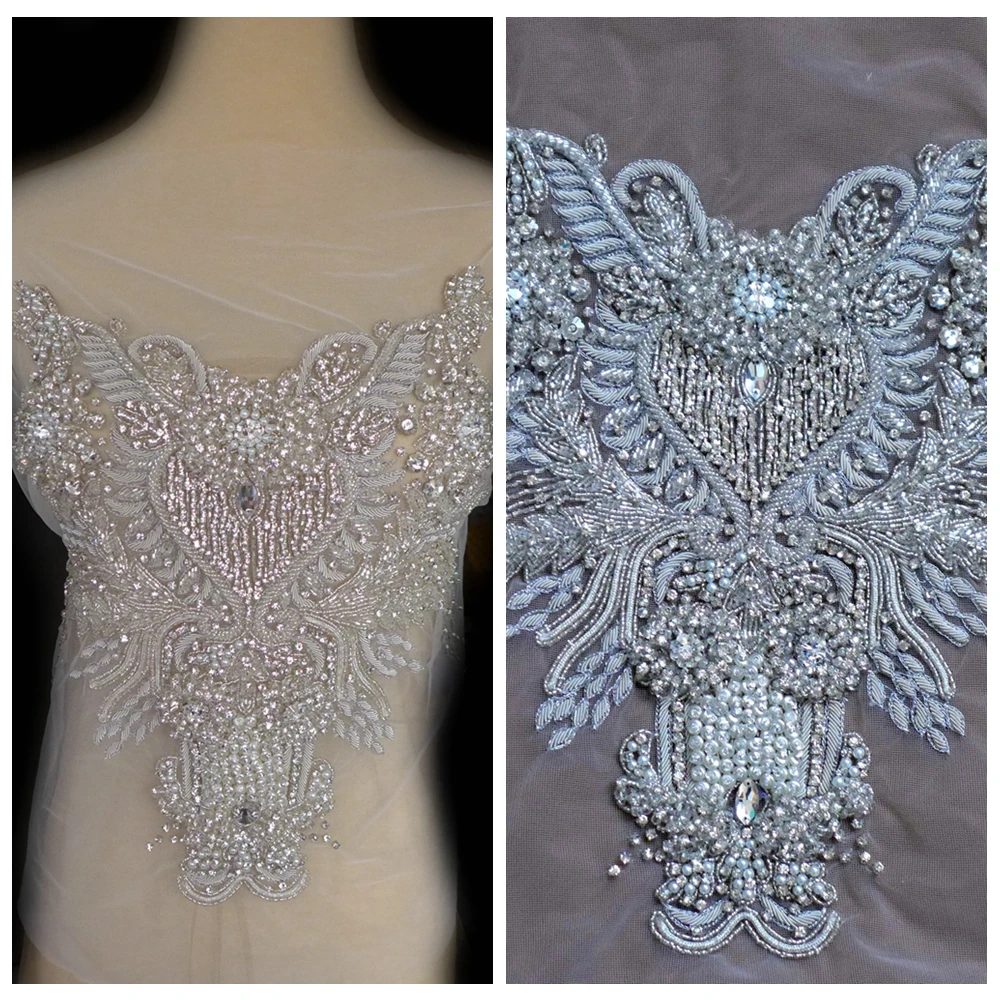 Сребърни Супер високо качество на симулационни големи ленти с Кристали, аксесоари за сватбена рокля с бродерия ръчна изработка, 1 бр 35x35 см 5