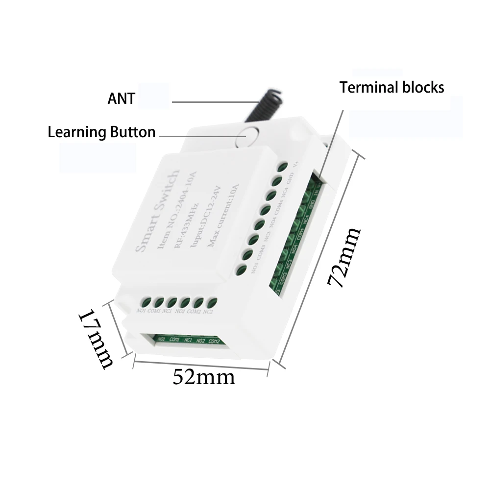 Безжично Дистанционно Управление Превключвател на 433 Mhz RF DC12V 24V с 4-канален Приемник и 4-Бутон на Предавателя за LDE Светлини Smart Switch 1
