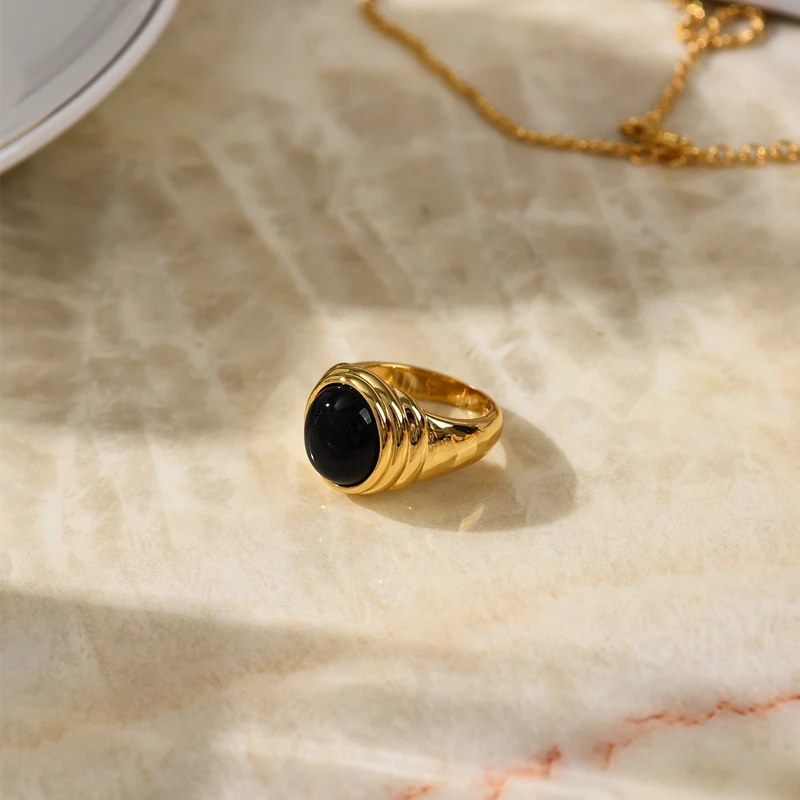 Голям черен оникс, лунен камък, ефектни пръстени за жени, пръстени от неръждаема стомана с естествен камък, водоустойчив бижута изде... 0
