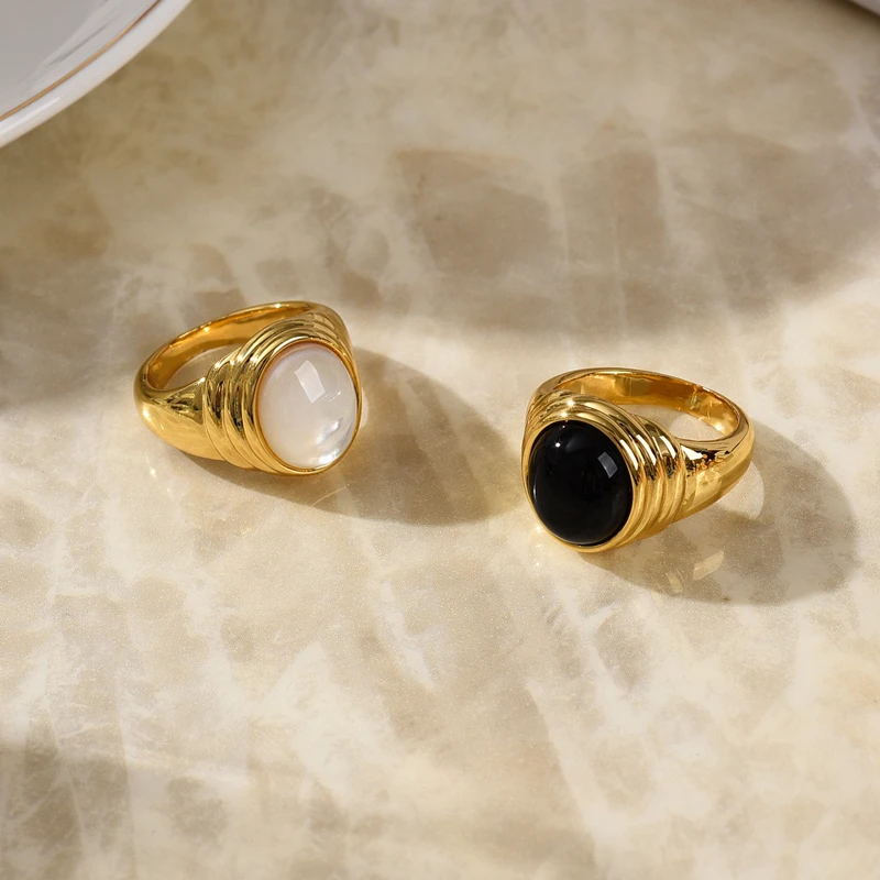 Голям черен оникс, лунен камък, ефектни пръстени за жени, пръстени от неръждаема стомана с естествен камък, водоустойчив бижута изде... 1