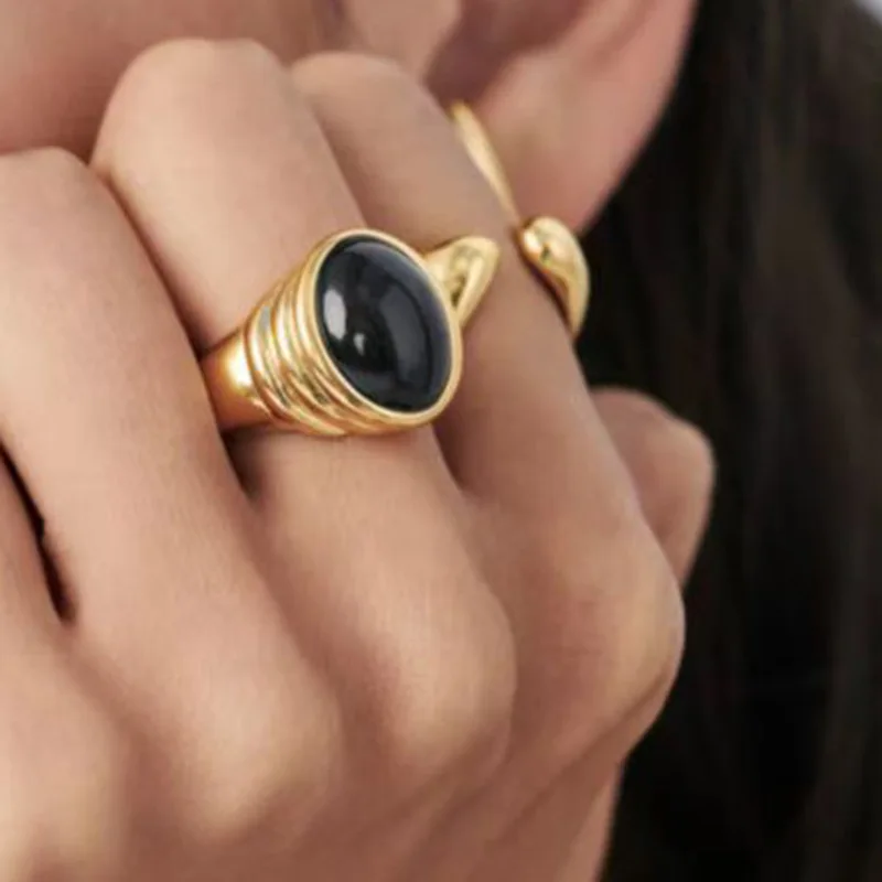 Голям черен оникс, лунен камък, ефектни пръстени за жени, пръстени от неръждаема стомана с естествен камък, водоустойчив бижута изде... 3