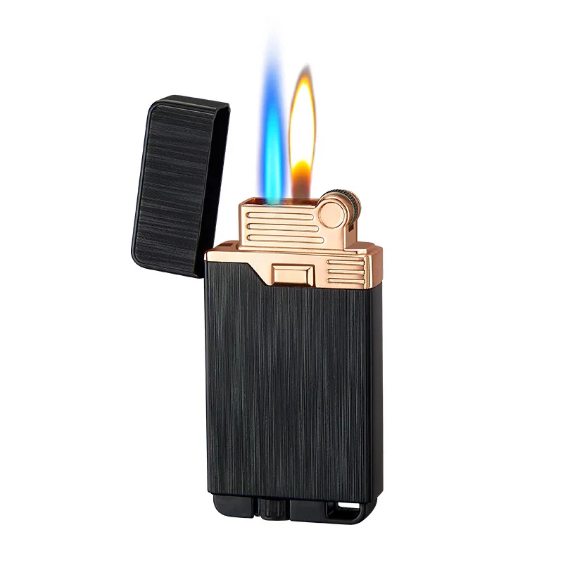 Персонализирани Двоен Огън Метален Класически Шлайфане Кръг Осветява Реализация Открит Пламък Директен Син Пламък Ветрозащитный Брикет Запалки 3