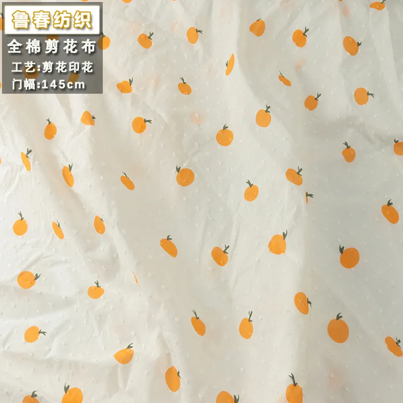 Саржевая Памучен плат с orange печат на Точки, Шевни Бебешки дрехи, Дамски блуза и пола от ръчно изработени тъкани 