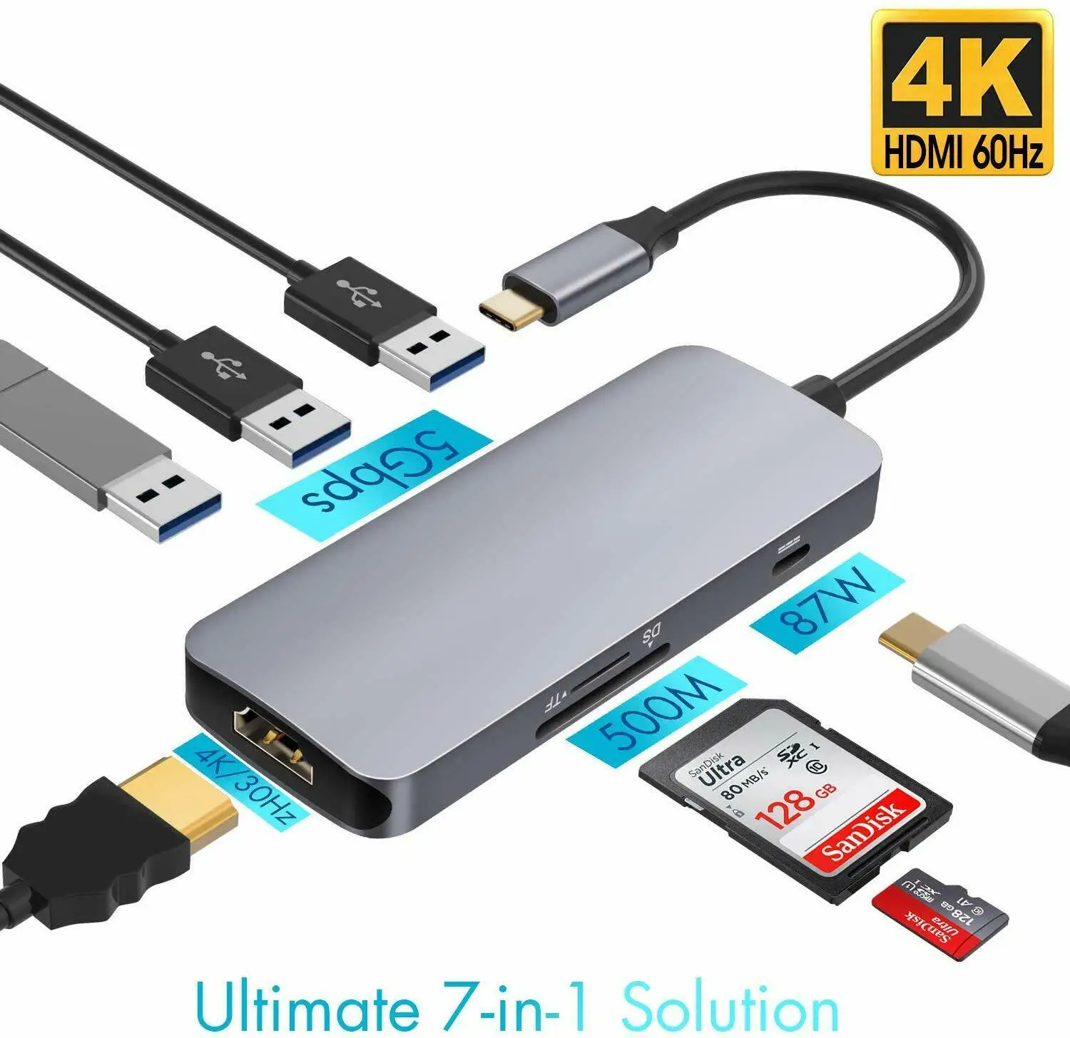 USB C Хъб 7 в 1 Алуминиева с адаптер HDMI 4K 3 Порта USB 3.0 четец на карти SD/TF Бърза доставка 1