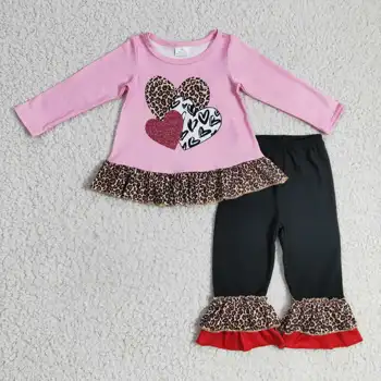 детски дрехи от бутик, розови ежедневни панталони с леопардовым принтом и дълги ръкави и шарките на любовта, 2 броя, комплекти дрехи за момичета от бутик