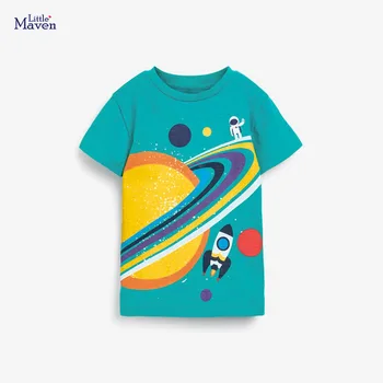 Little Maven 2023 Летни Дрехи За Момчета Памучен Тениска с Космически Принтом Върховете Детска Ежедневни Удобни Дишащи Дрехи за Деца на 2-7 Години