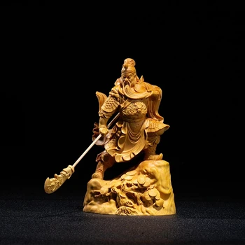 Чемшир 12 см на 18 см Гуаньюй Скулптура на трите царства Дърворезба Статуята Guan Гонг Начало Декор