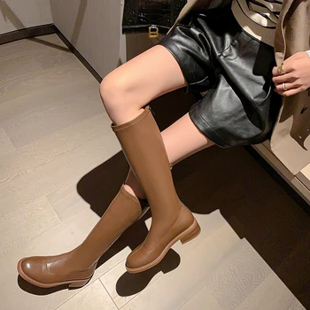 2022 нови есенно-зимни дамски ботуши до коляното на 22-25 см, еластични ботуши от изкуствена кожа, престрелки ботуши с цип отзад, високи тесни ботуши