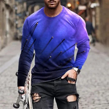 Мъжки Европейската и американската пролетна младежка нова дигитална 3D печат за почивка, пуловер с дълъг ръкав, мъжки t-shirt