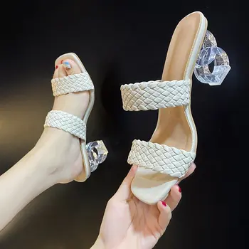 Прозрачни Пикантен дамски Чехли на висок ток; Новост 2021 г.; Летни обувки; Плетени квадратни Чехли с отворени Пръсти; Дамски Кожени обувки 42