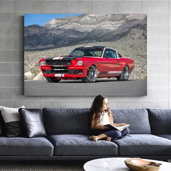 Класическия Ford Mustang Muscle Car Тунинг на Червен Автомобил Тапети Плакати и Щампи Стенно Изкуство Платно на Картина За вашия интериор Дневна
