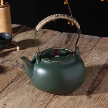 1200 Мл Японски Керамичен Чайник Зелена Глазура Врящия Чайник, устойчиви на Висока температура Кунг-фу Чай Дръжка Гърне
