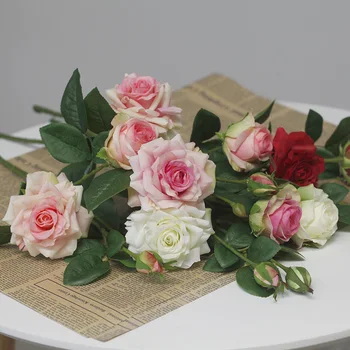 Почти Естествени Цветя и Изкуствени Рози от Коприна Флорес Истински Букет цветя на Допир за Домашна Вечер Сватбена Украса