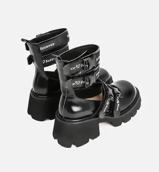 Черни персонализирани обувките Мери Джейн в дебела подметка; сезон: пролет-лято; кожени обувки в британски стил с кръгла пръсти и отворени пръсти в римски стил