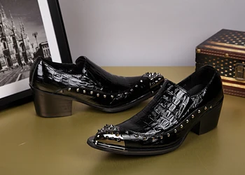 Zapatos hombre/мъжки обувки 6 см, черни лоферы на високи токчета с шипове, мъжки обувки за сватба-шипове от естествена кожа, вечерна рокля с остри пръсти, оксфорд
