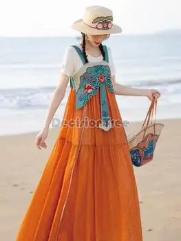2023 китайското традиционно древно рокля ханьфу в национален стил, роклята е без ръкави, с бродерия на цветя, секси ретро-модно дълга рокля