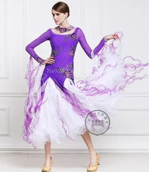 настройте елегантното лилаво-бяла мозайка рокля с дълъг ръкав в стил мозайка фокстрот Валс, танго салса състезание по бални танци рокля за танци