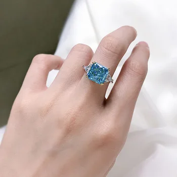 2022 нов пръстен ледена кройка, инкрустированное тъмно синьо высокоуглеродистым диамантен пръстен 10 * 10 луксозни от сребро проба 925