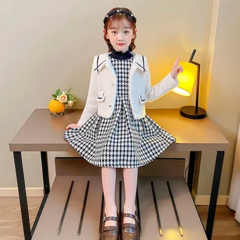 Ново детско корейското модно рокля, комплект от две части, Стегнато, детско палто с дълги ръкави и карирана пола, костюм за изяви, Vestido