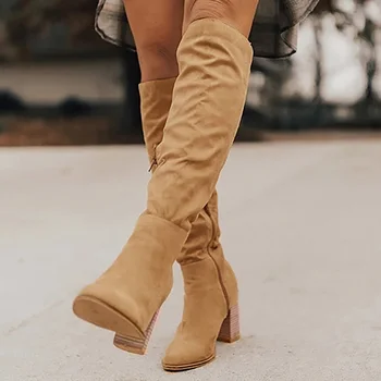 IPPEUM/дамски зимни велурени ботуши до коляното, есен 2021, дамски Високи ботуши, модни топло дамски обувки с остър пръсти