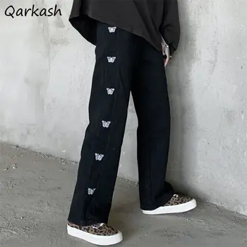 Дънки Дамски Дизайнерски Дънкови с бродерия на пеперуда с висока Талия, ретро Градинска Облекло в стил хип-хоп, Универсални Модни Директни Дънкови Панталони За Тийнейджъри